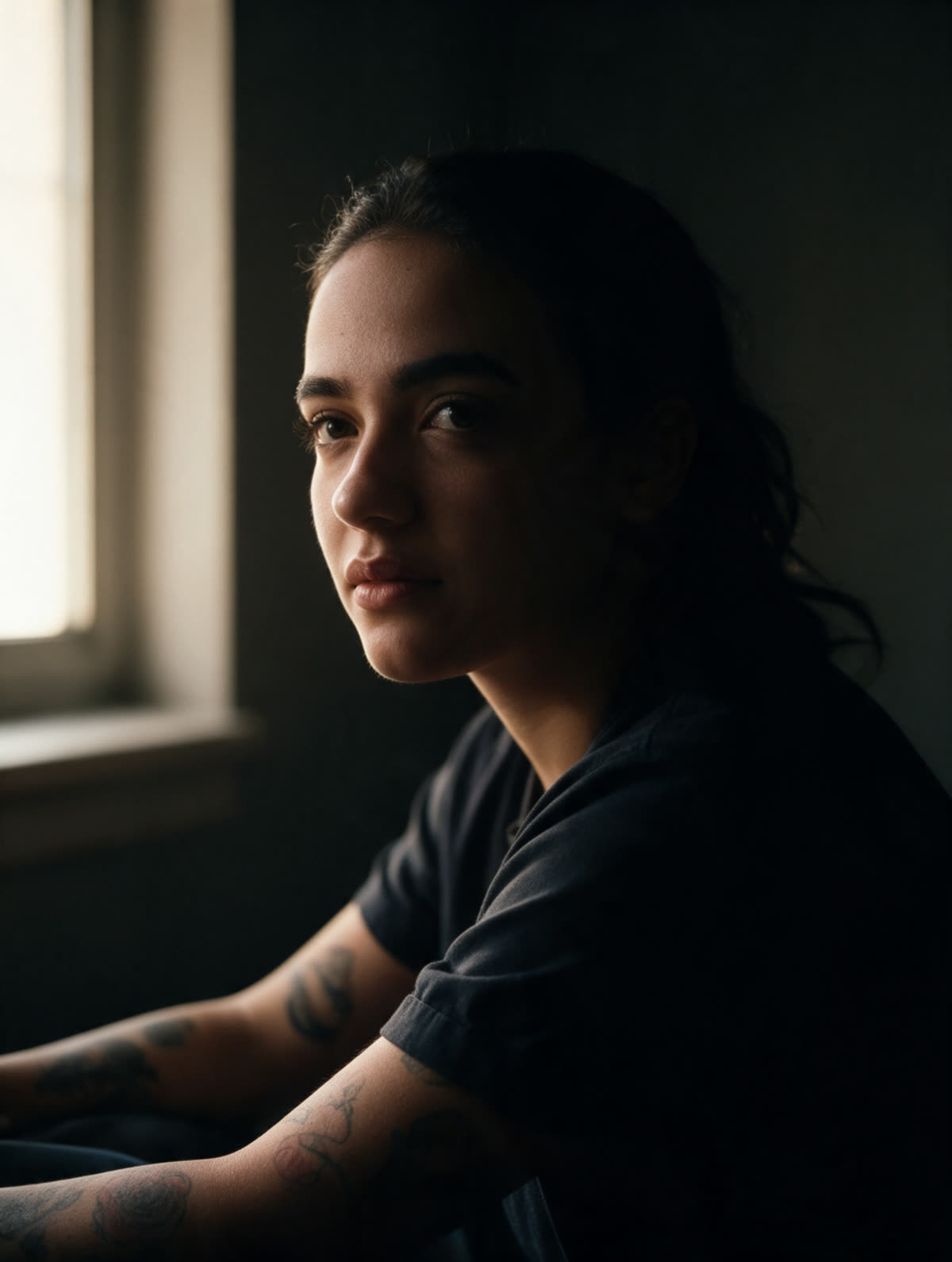 Manu Arias sentada junto a una ventana en el estudio, de perfil tres cuartos.